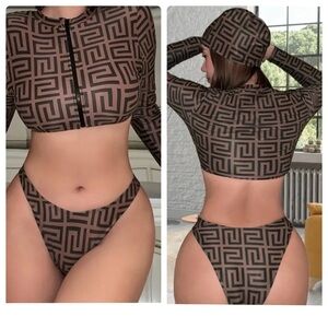3pc Geometric Zipper Top Long Sleeve Sun Protection Bikini Set with Bandana